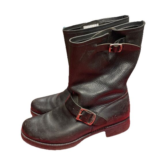 Frye Veronica Short Black Leather Moto Boots Womens Size 8B Buckle Biker Pull on - Picture 1 of 12